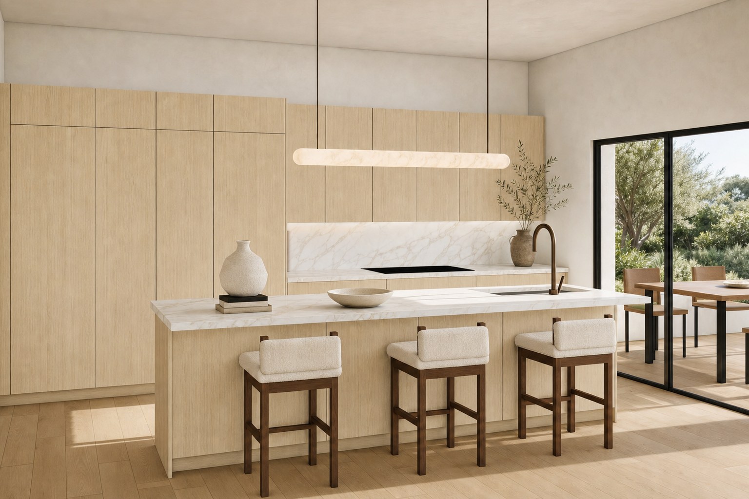 Shinnoki Milk Oak kitchen with a wall of tall cabinets, a marble-topped island with three bouclé stools and a glass door to the garden