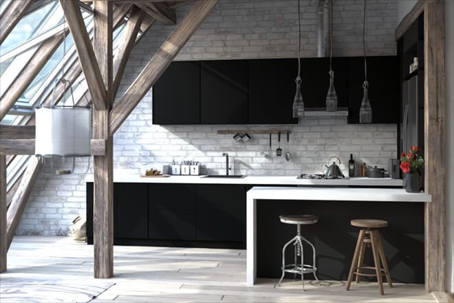 Kitchen with black color cabinets - High Gloss Black